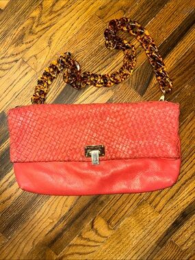 Elliott Lucca orange Woven Leather Shoulder Bag w/Tortoise Chain/Knicks fans,NY